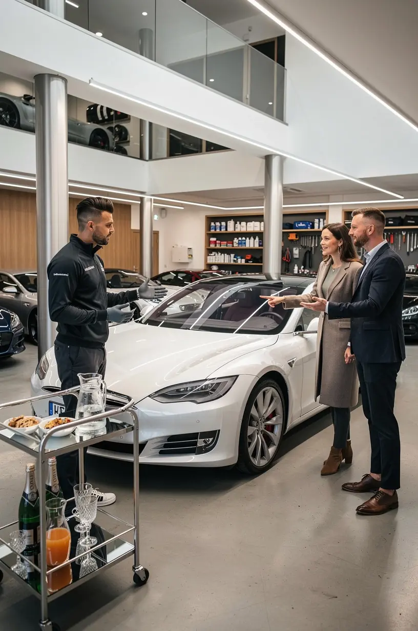 Techniker in spezialisierten Werkstatt überblickt präzise Motorwartung an Premiumfahrzeug